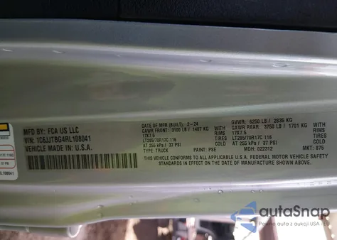 2024 Jeep Gladiator Rubicon X z USA, uszkodzony, nr VIN 1C6JJTBG4RL108041